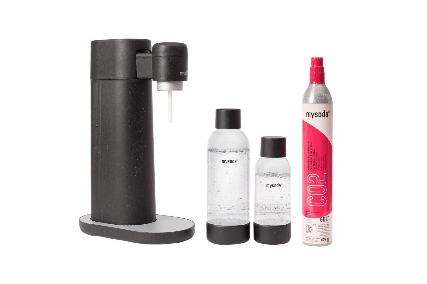 A black Toby sparkling water maker with bottle and co2 cylinder