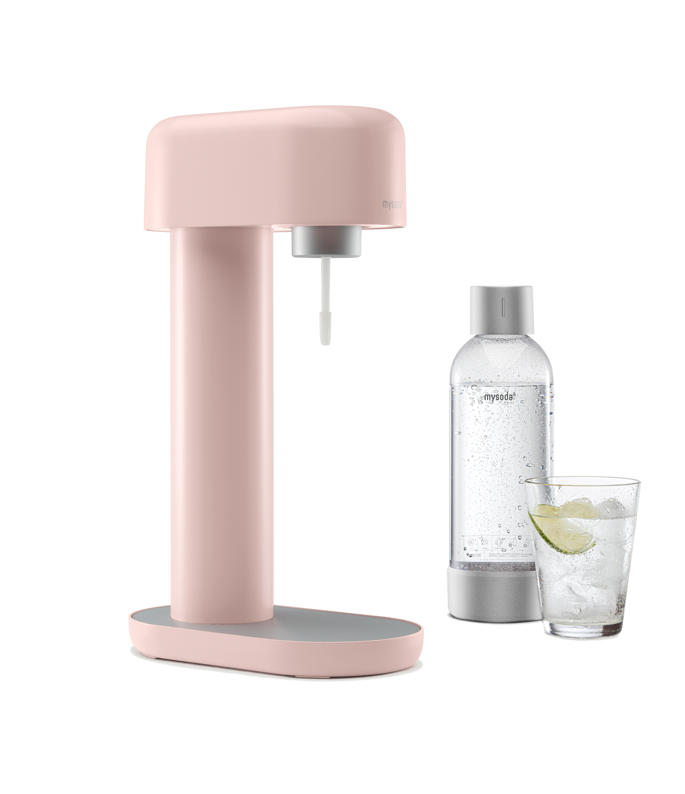 A pink Ruby sparkling water maker with bottle