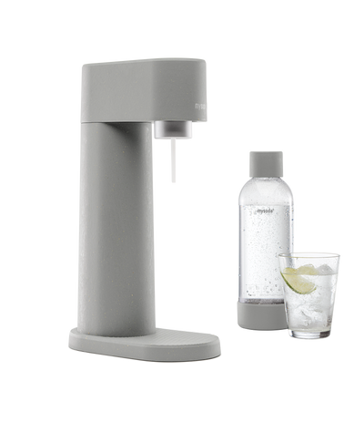 Gray Mysoda Woody sparkling water maker with bottle