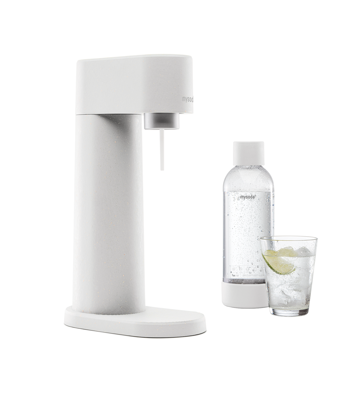 White Mysoda Woody sparkling water maker with bottle