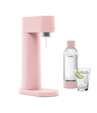 Pink Mysoda Woody sparkling water maker with bottle