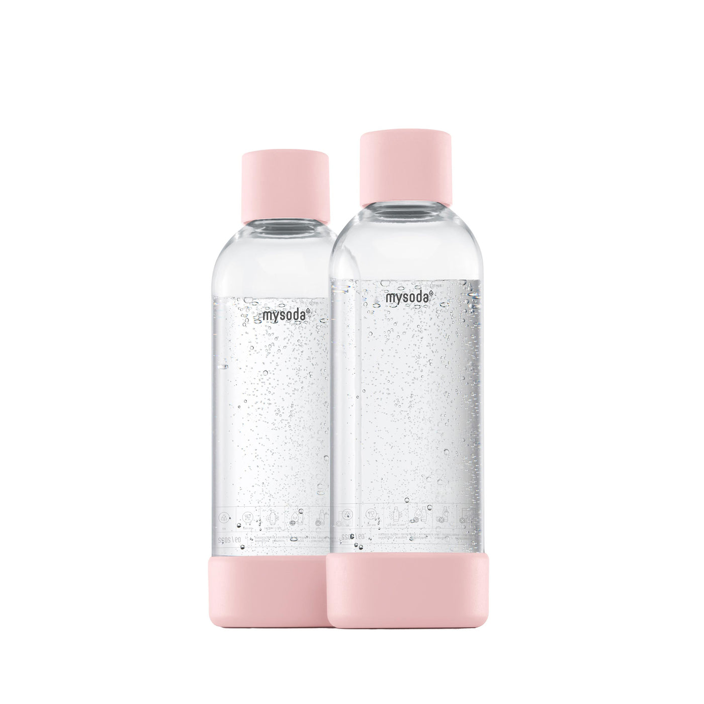Two 1 liter Mysoda water bottles with light bottom and cap
