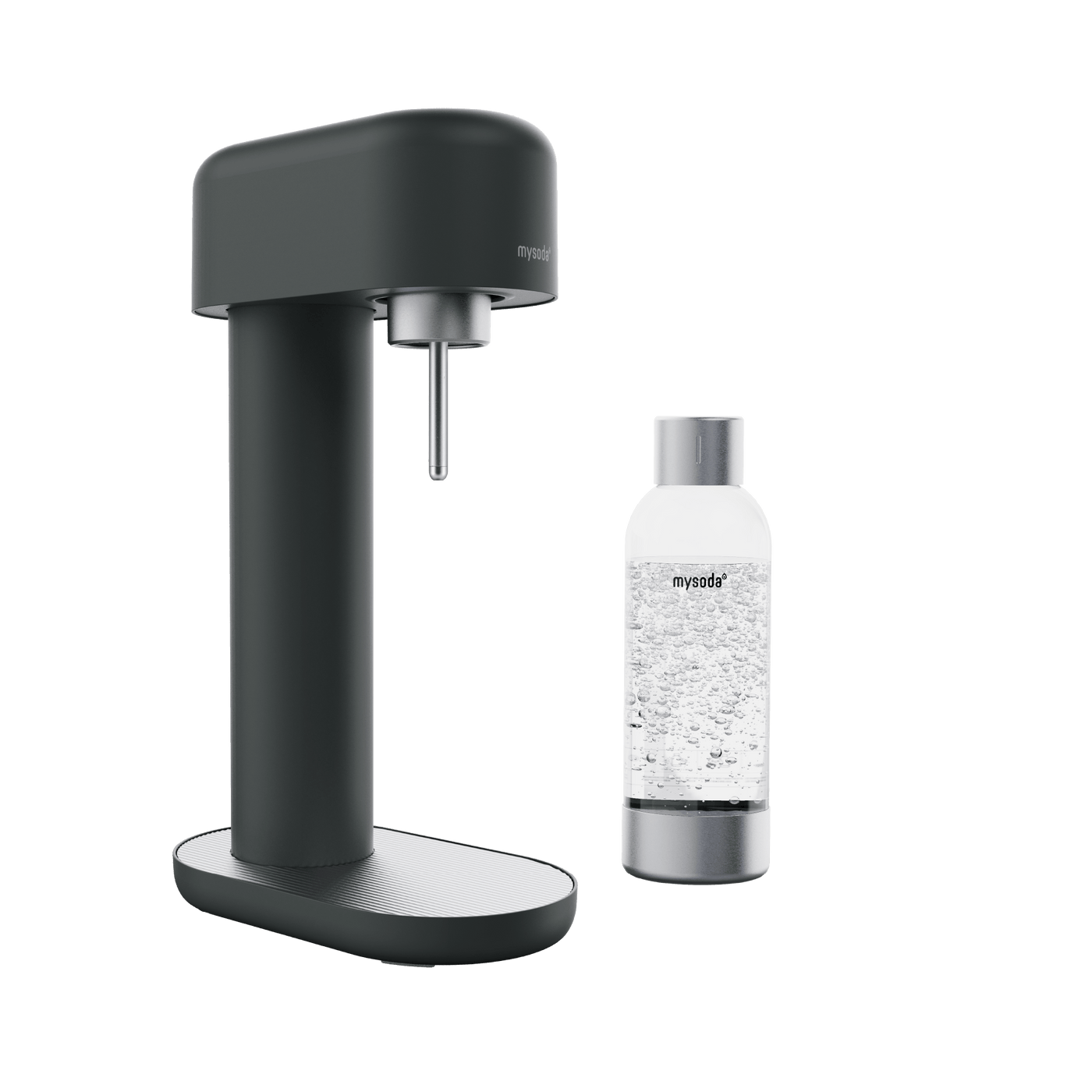 A black and silver Ruby 2 sparkling water maker and bottle#väri_black-silver