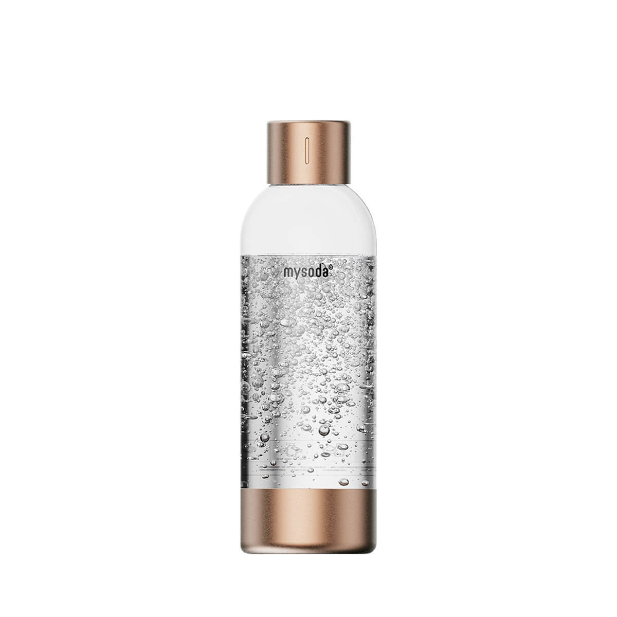 A 1 litre Mysoda premium water bottle with copper-coloured bottom and cap made from aluminium