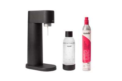 Black Mysoda Woody sparkling water maker with bottle and co2 cylinder