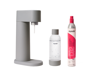 Gray Mysoda Woody sparkling water maker with bottle and co2 cylinder