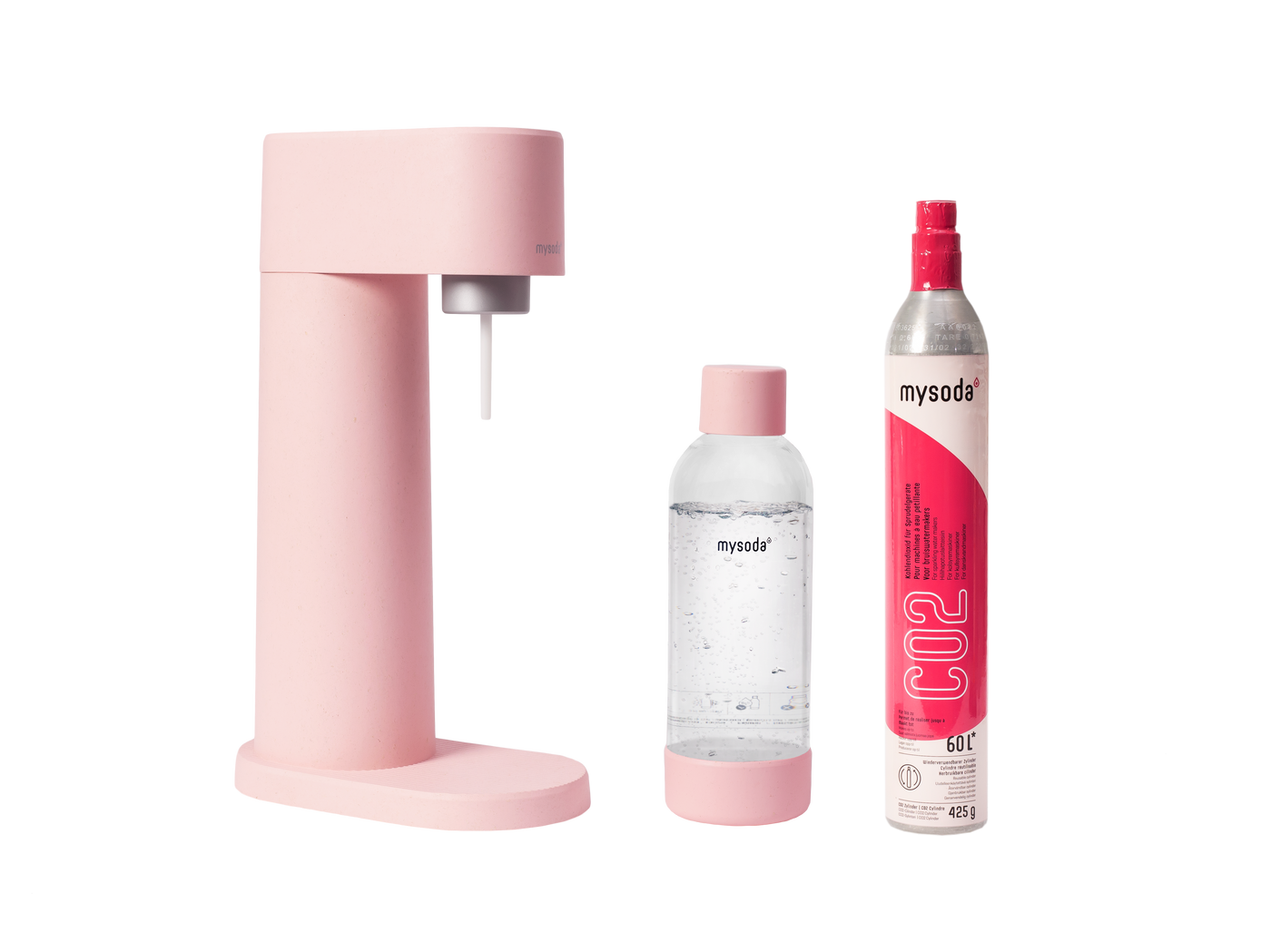 Pink Mysoda Woody sparkling water maker with bottle and co2 cylinder