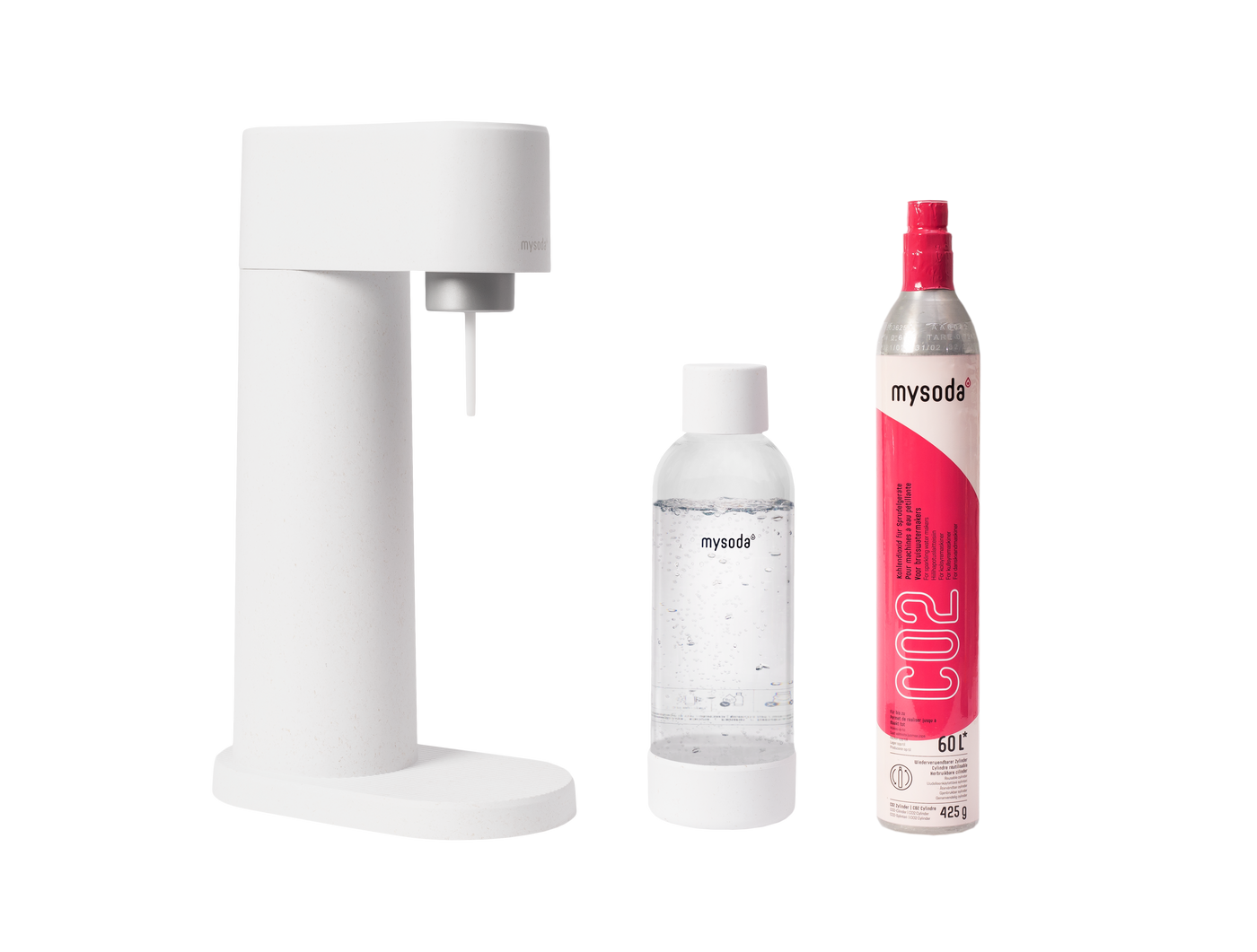 White Mysoda Woody sparkling water maker with bottle and co2 cylinder