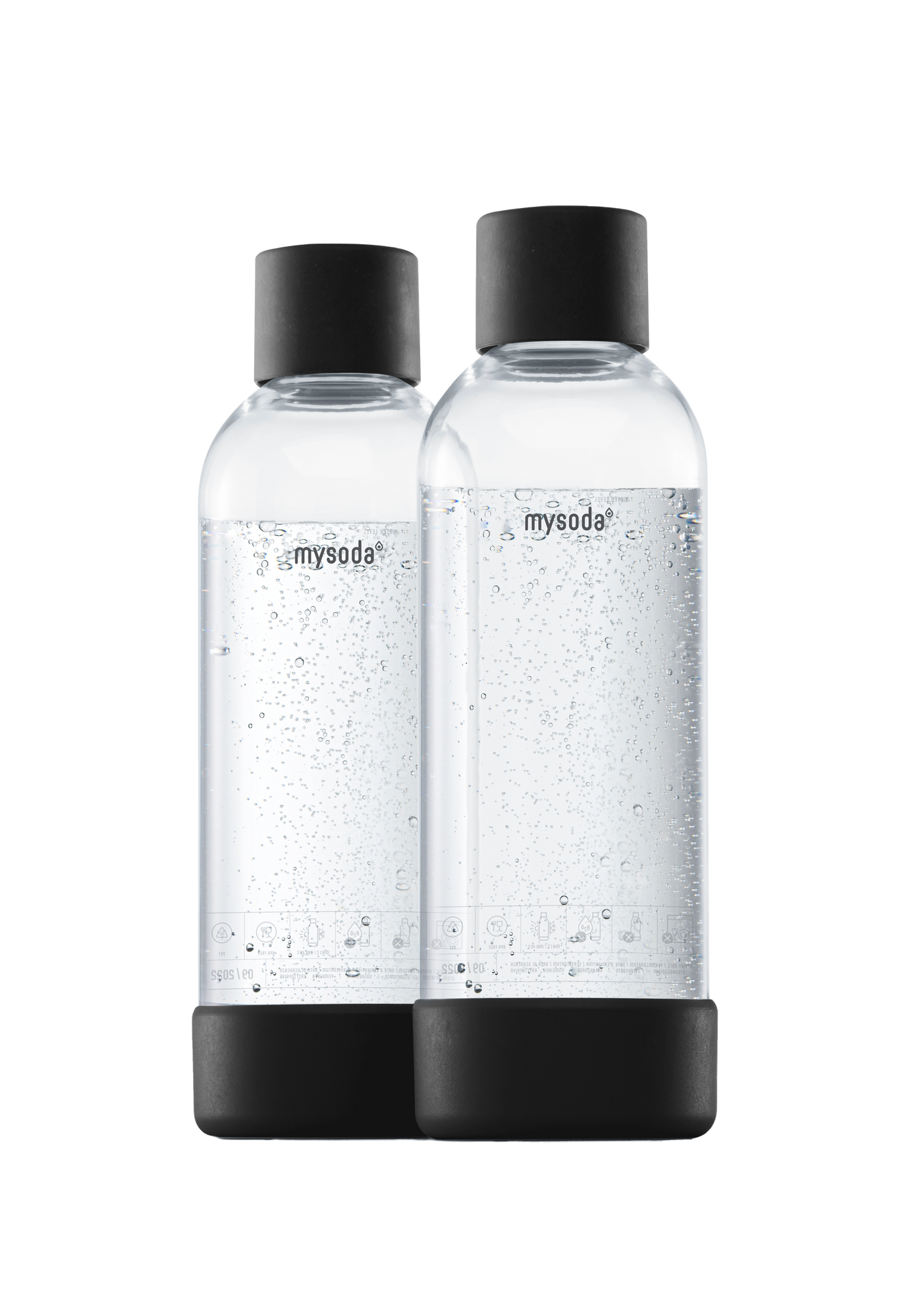 Two 1 liter Mysoda water bottles with black bottom and cap