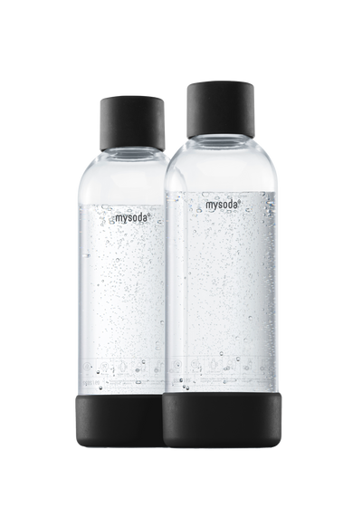 Two 1 liter Mysoda water bottles with black bottom and cap