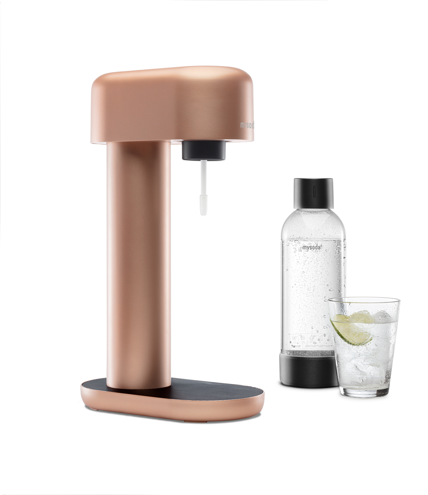 A copper Ruby sparkling water maker with bottle