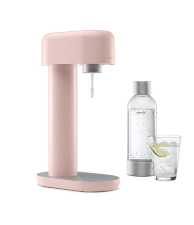 A pink Ruby sparkling water maker with bottle