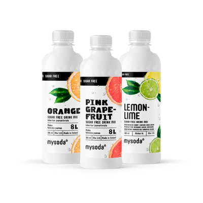 Three bottles of sugar-free Mysoda drink mix with flavours orange, pink grapefruit and lemon lime