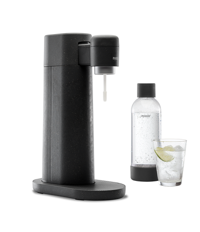 A black Toby sparkling water maker with bottle