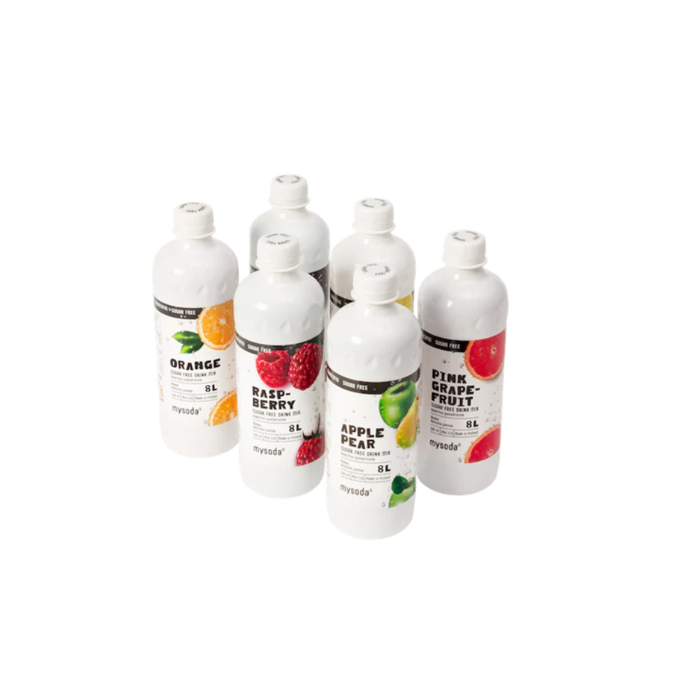 A mixed 6-pack of Mysoda drink mix bottles with differnt fruity flavours