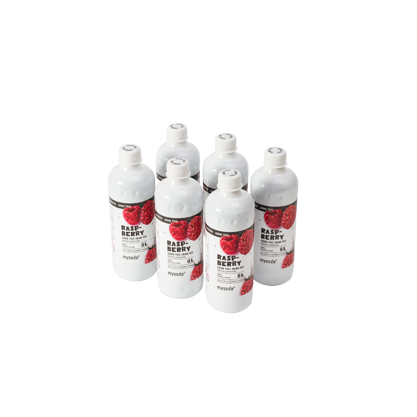 Six bottles of sugarfree Mysoda drink mix raspberry