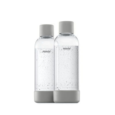 Two 1 liter Mysoda water bottles with gray bottom and cap