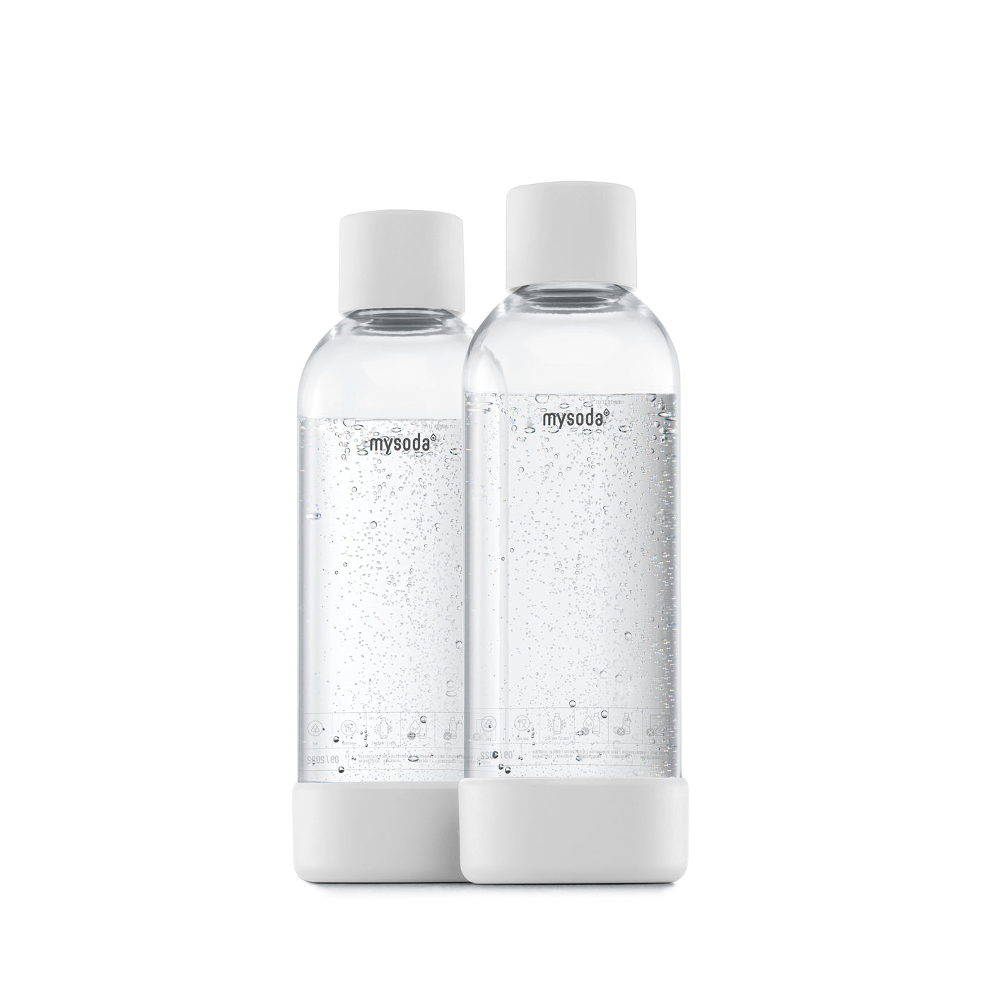 Two 1 liter Mysoda water bottles with white bottom and cap