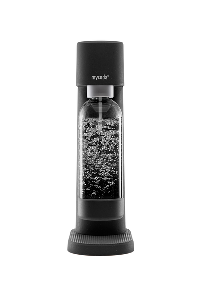 Black Mysoda Woody sparkling water maker viewed from the front