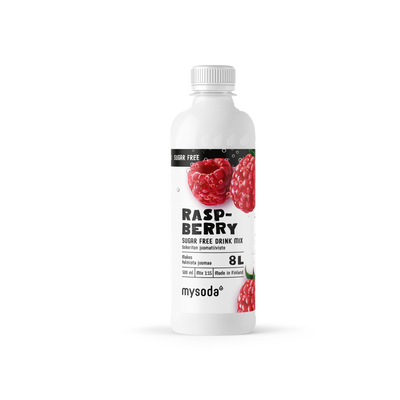 A bottle of sugarfree Mysoda drink mix raspberry